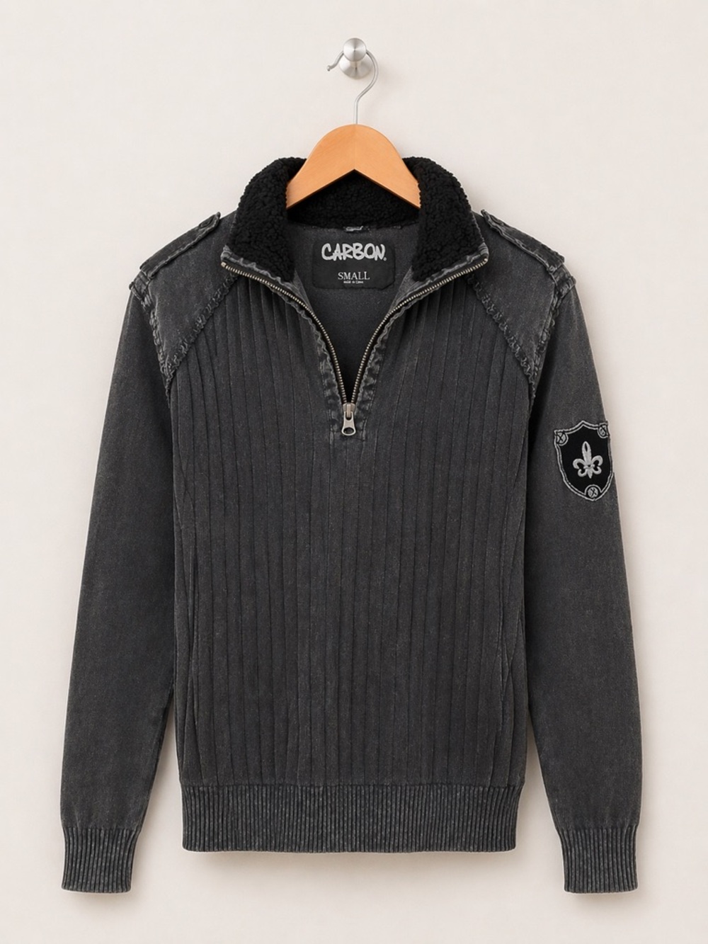 Carbon Quarter Zip Sweater Sherpa Collar Fleur-de-lis patch Arm Patches – Gray S